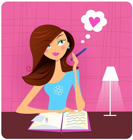 school clip art - Cute girl thinking about what she's going to write in her diary or journal. Vector Illustration. Stock Photo - Budget Royalty-Free & Subscription, Code: 400-04213407