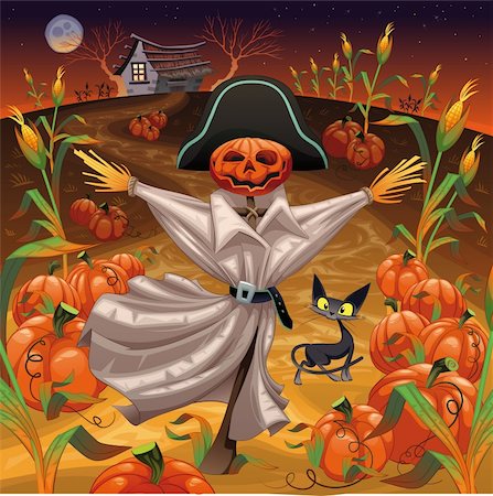 scary black cat - Scarecrow with pumpkins. Funny cartoon and vector illustration. Isolated objects Stock Photo - Budget Royalty-Free & Subscription, Code: 400-04213711