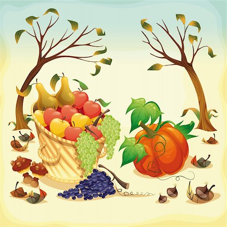 pumpkins apples harvest basket - Fruit and vegetables in Autumn. Vector illustration, isolated objects. Stock Photo - Budget Royalty-Free & Subscription, Code: 400-04213767