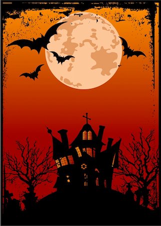 Grunge Halloween background with haunted house, bats and full moon Stock Photo - Budget Royalty-Free & Subscription, Code: 400-04224121
