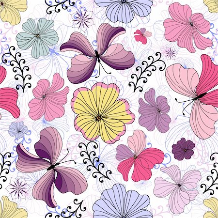 simsearch:400-05890035,k - White seamless floral pattern with vivid flowers and butterflies (vector) Foto de stock - Super Valor sin royalties y Suscripción, Código: 400-04225362