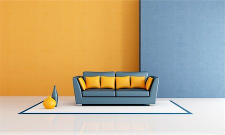 simsearch:400-05946922,k - modern  sofa with pillow in aminimalist blue and orange living room - rendering Stock Photo - Budget Royalty-Free & Subscription, Code: 400-04225389