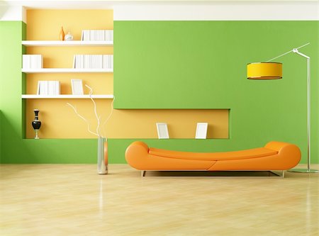 modern couch in a green living room - rendering Stock Photo - Budget Royalty-Free & Subscription, Code: 400-04225392