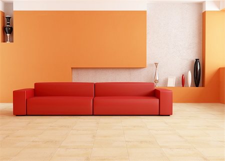 modern red sofa in a orange living room Stock Photo - Budget Royalty-Free & Subscription, Code: 400-04225393