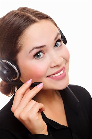 simsearch:400-04801703,k - Pretty caucasian woman with headset smiling during a telephone conversation. Foto de stock - Super Valor sin royalties y Suscripción, Código: 400-04225706