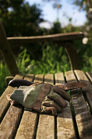 Gardening gloves and trowl on rustic garden bench Fotografie stock - Microstock e Abbonamento, Codice: 400-04225786