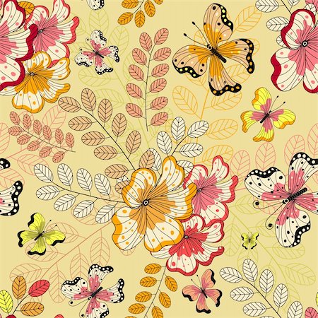 simsearch:400-05890035,k - Yellow seamless floral pattern with flowers and butterflies (vector) Foto de stock - Super Valor sin royalties y Suscripción, Código: 400-04225872