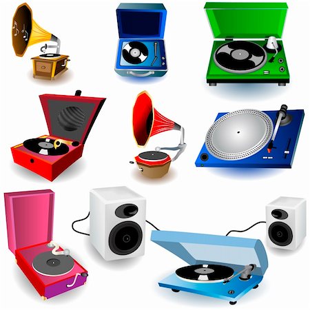 simsearch:400-05294119,k - Vector illustration of eight colored gramophone icons, and loudspeakers. Foto de stock - Super Valor sin royalties y Suscripción, Código: 400-04225938