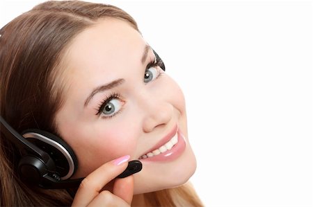 simsearch:400-04801703,k - Pretty caucasian woman with headset smiling during a telephone conversation. Foto de stock - Super Valor sin royalties y Suscripción, Código: 400-04225969