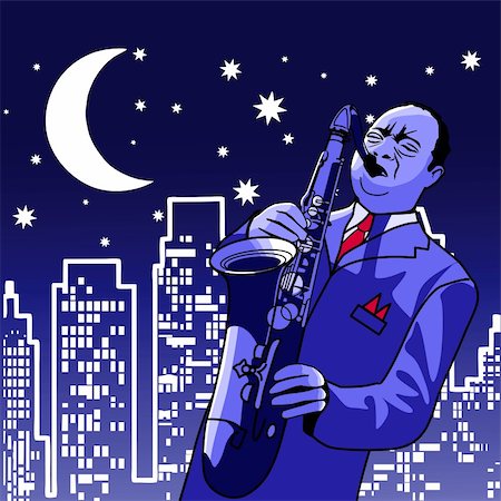 saxophone on building - Vector illustration of a saxophonist  at  night Stock Photo - Budget Royalty-Free & Subscription, Code: 400-04226031