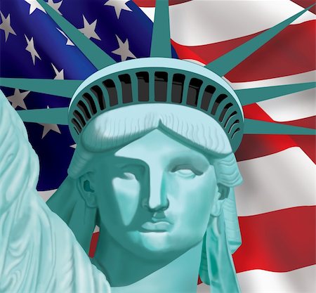 statue of liberty on the flag - Statue of Liberty close up over a American Flag background. Photographie de stock - Aubaine LD & Abonnement, Code: 400-04226846