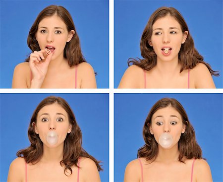 simsearch:400-08336541,k - beautiful woman chewing bubble gum isolated over blue Photographie de stock - Aubaine LD & Abonnement, Code: 400-04227531