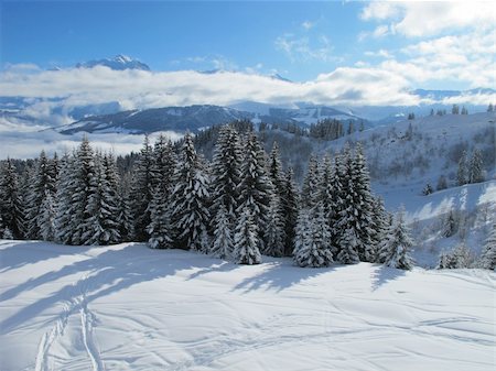 simsearch:400-04588712,k - Ski area mountain landscape with Mont Blanc in distance . Combloux French alps France Stock Photo - Budget Royalty-Free & Subscription, Code: 400-04227871