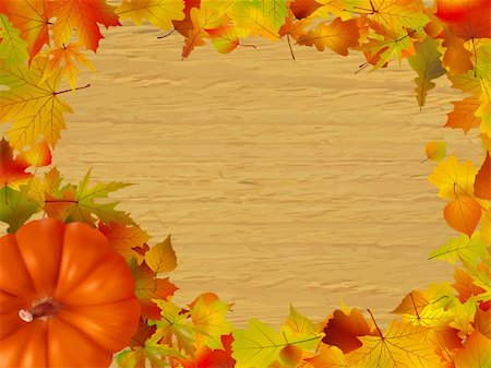 Fall leaves and pumpkins on wood background. EPS 8 vector file included Stock Photo - Budget Royalty-Free & Subscription, Code: 400-04228222