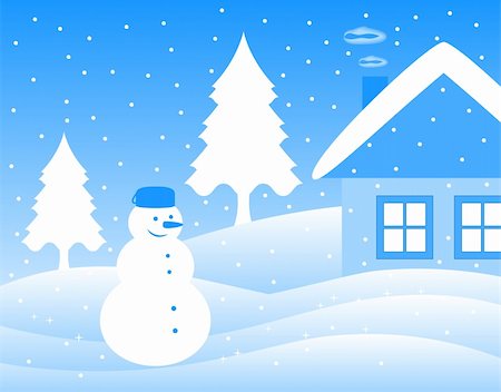 simsearch:400-05904919,k - vector winter landscape with snowman and cottage, Adobe Illustrator 8 format Stock Photo - Budget Royalty-Free & Subscription, Code: 400-04228329