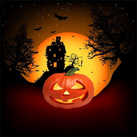 Vector Haunted House on a Graveyard hill at night with full moon. EPS 8 vector file included Stock Photo - Budget Royalty-Free & Subscription, Code: 400-04228453