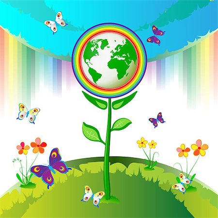 simsearch:400-05366140,k - Eco Earth flowers, garden, butterflies and rainbow Fotografie stock - Microstock e Abbonamento, Codice: 400-04229048