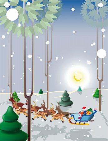 simsearch:400-05081908,k - Santa Claus flies reindeer in the light of the moon low over the ground! Photographie de stock - Aubaine LD & Abonnement, Code: 400-04229458