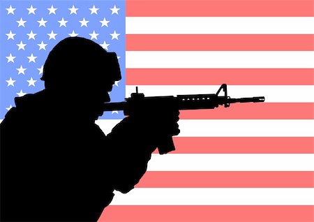 simsearch:400-07325294,k - Silhouette of an American soldier with the flag of the United States in the background Fotografie stock - Microstock e Abbonamento, Codice: 400-04220285