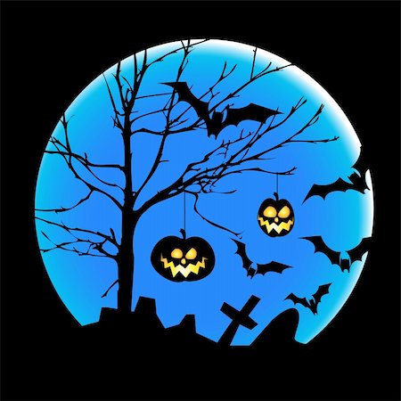 simsearch:400-07172678,k - Halloween illustration with pumpkins, bats and big moon Photographie de stock - Aubaine LD & Abonnement, Code: 400-04220327