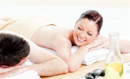 Caucasian young couple receiving a back massage in a spa center Stock Photo - Budget Royalty-Free & Subscription, Code: 400-04220882