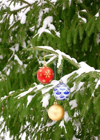 simsearch:400-06477568,k - Christmas ornaments on a branch of a pine Stockbilder - Microstock & Abonnement, Bildnummer: 400-04221115