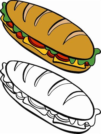 simsearch:400-05172569,k - Cartoon image of a variety of submarine sandwich - both color and black / white versions. Foto de stock - Super Valor sin royalties y Suscripción, Código: 400-04221169