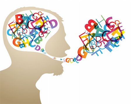 Abstract speaker silhouette with colorful letters in the head and mouth Stock Photo - Budget Royalty-Free & Subscription, Code: 400-04221566