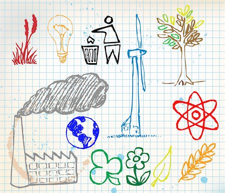 recycled paper industrial plant - Set of colorful ecology hand-drawn icons - doodles on chequered paper (vector) Stock Photo - Budget Royalty-Free & Subscription, Code: 400-04221600