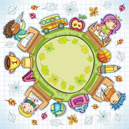 dianka (artist) - Colorful round composition, with cute schoolchildren and school design elements. with space for your text. Stockbilder - Microstock & Abonnement, Bildnummer: 400-04222146