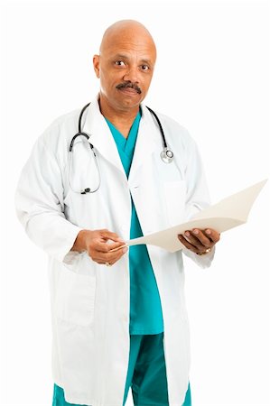 Handsome african-american doctor holding a medical chart.  Isolated on white. Stock Photo - Budget Royalty-Free & Subscription, Code: 400-04222532
