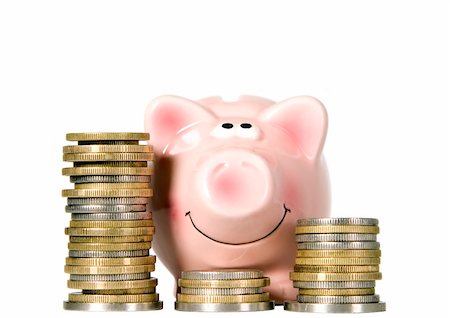 Saving pig is smiling and standing near money Stockbilder - Microstock & Abonnement, Bildnummer: 400-04222849