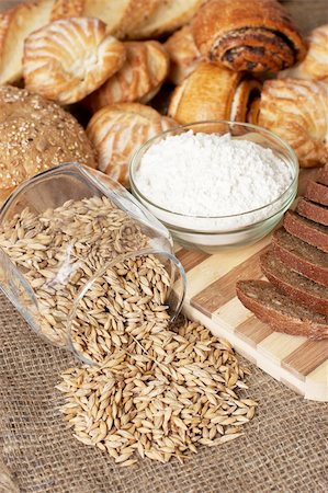 Variety of Bread, pastries, meal and pot with grains Stock Photo - Budget Royalty-Free & Subscription, Code: 400-04222877