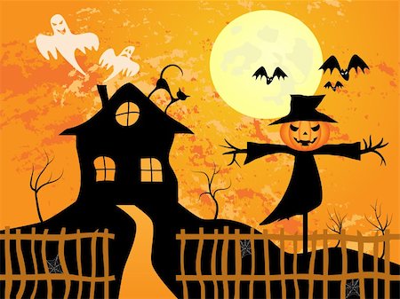 simsearch:400-05188012,k - Vector picture about Halloween. Scarecrow, bats, scary house and full moon. Fotografie stock - Microstock e Abbonamento, Codice: 400-04223316