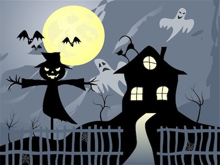 Vector picture about Halloween. Scarecrow, bats, scary house and full moon. Stock Photo - Budget Royalty-Free & Subscription, Code: 400-04223323