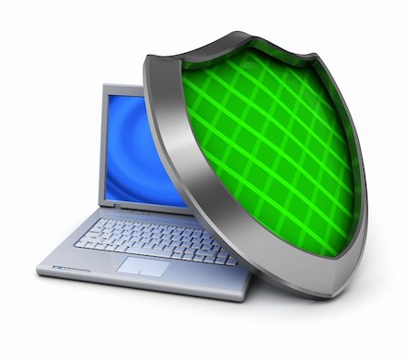 data security screens - 3d illustration of laptop computer and green shield, over white background Stock Photo - Budget Royalty-Free & Subscription, Code: 400-04223422