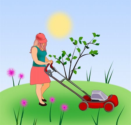 simsearch:695-05772258,k - A girl mowing the grass with a lawn mower. Foto de stock - Royalty-Free Super Valor e Assinatura, Número: 400-04223693