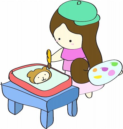 Young girl painting picture on table cartoon vector illustration Stock Photo - Budget Royalty-Free & Subscription, Code: 400-04223925