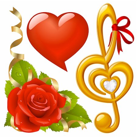Vector set of Love: corner with red rose, femail lips in the shape of heart and golden Treble clef Photographie de stock - Aubaine LD & Abonnement, Code: 400-04234394