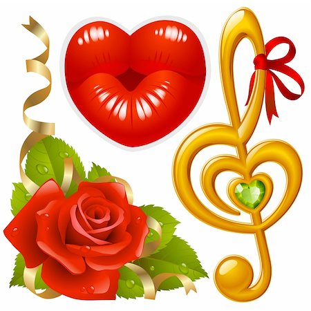 simsearch:400-04234393,k - Vector set of Love: corner with red rose, femail lips in the shape of heart and golden Treble clef Photographie de stock - Aubaine LD & Abonnement, Code: 400-04234393