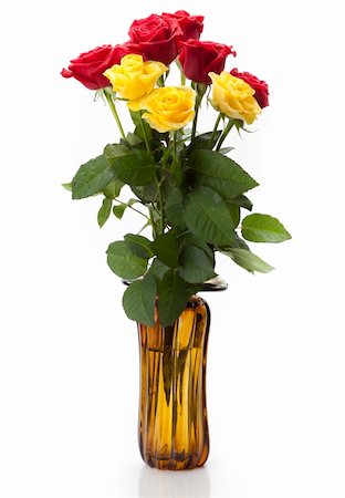 simsearch:622-06191177,k - A bouquet of beautiful long red and yellow roses with large green leaves in a glass vase on a white background Stock Photo - Budget Royalty-Free & Subscription, Code: 400-04234415
