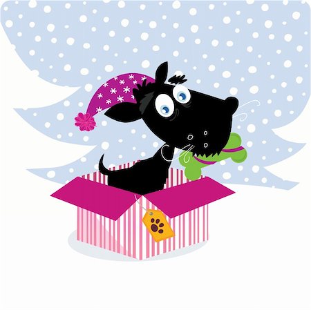 Cute black dog with Santa hat in winter nature. Vector Illustration. Stock Photo - Budget Royalty-Free & Subscription, Code: 400-04234599
