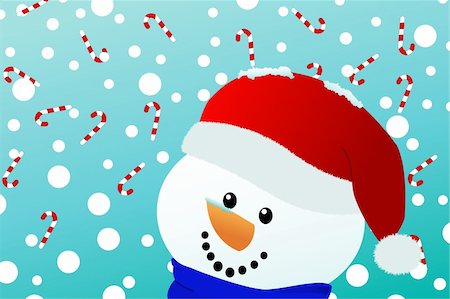 simsearch:400-04157187,k - Vector of a happy snowman with santa hat looks upon falling snow and candy canes Stockbilder - Microstock & Abonnement, Bildnummer: 400-04234634