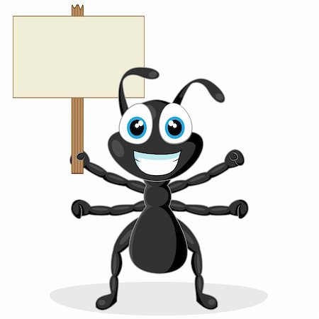 vector illustration of a cute little black ant with wood sign. No gradient. Fotografie stock - Microstock e Abbonamento, Codice: 400-04234744