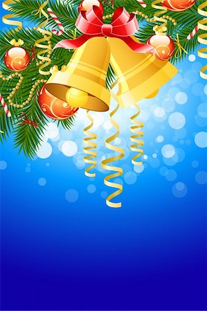simsearch:400-05695809,k - Illustration of christmas fir tree with bells and decoration on abstract blue background Stock Photo - Budget Royalty-Free & Subscription, Code: 400-04234842