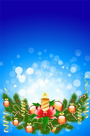 simsearch:400-05695809,k - Illustration of christmas fir tree with candle and decoration on abstract blue background Stock Photo - Budget Royalty-Free & Subscription, Code: 400-04234843