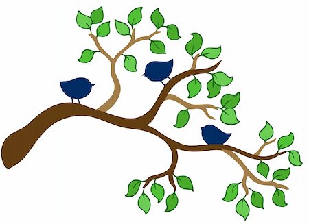 Branch with three small birds - vector illustration. Stock Photo - Budget Royalty-Free & Subscription, Code: 400-04235690