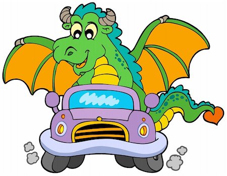 fairy tale characters how to draw - Cartoon dragon driving car - vector illustration. Stock Photo - Budget Royalty-Free & Subscription, Code: 400-04235700