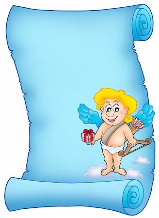simsearch:400-04267372,k - Blue scroll with Cupid holding gift - color illustration. Photographie de stock - Aubaine LD & Abonnement, Code: 400-04235814