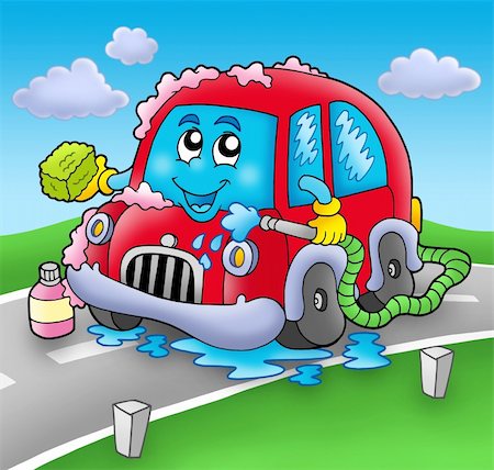 face sponge - Cartoon car wash on road - color illustration. Stock Photo - Budget Royalty-Free & Subscription, Code: 400-04235824